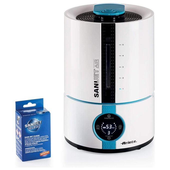 Ariete 2836 Sani-Jet Air Umidificatore a ultrasuoni 5 L 30 W per ambienti fino a 90 m² funzione igienizzante ionizzatore display LED touch colore Bianco Azzurro