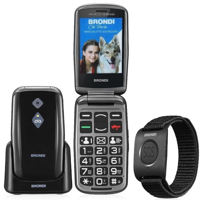 Brondi Amico Sicuro Plus 2.8'' Dual Sim SOS Black Metal con base di ricarica e Braccialetto SOS