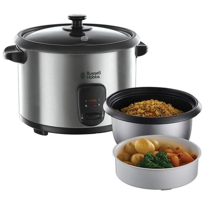 Russell Hobbs 19750-56 – Cuociriso elettrico 1,8 L, potenza 700 W, funzione mantenimento in caldo, accessori inclusi: cestello vapore, misurino e cucchiaio, ciotola antiaderente, corpo in acciaio inox spazzolato, colore acciaio-nero