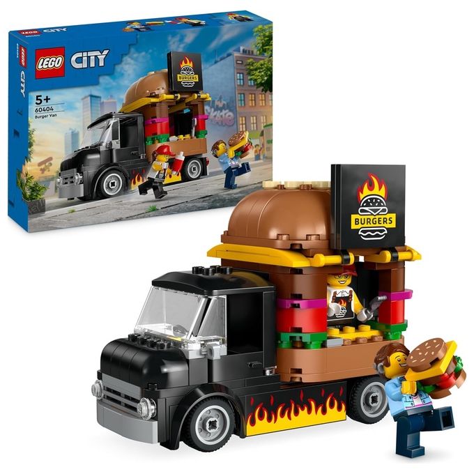 LEGO City 60404 Furgone degli Hamburger Giocattolo, Veicolo per Bambini 5+ Anni, Camion Food Truck con Accessori e 2 Minifigure