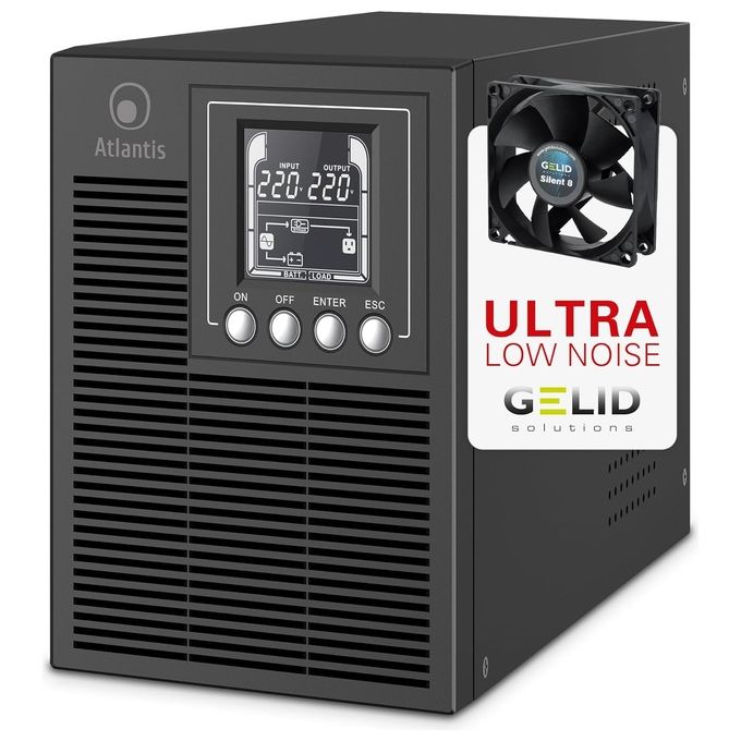 Atlantis A03-OP1002XLN UPS OnLine 88% Piu' Silenzioso Gruppo di Continuita' Server Doppia conversione Onda Sinusoidale Pura 1000VA 700W, Ventola Low Noise Gelid 23,6 dbA,USB,2 Schuko + 1 IEC, 2x12V-9Ah