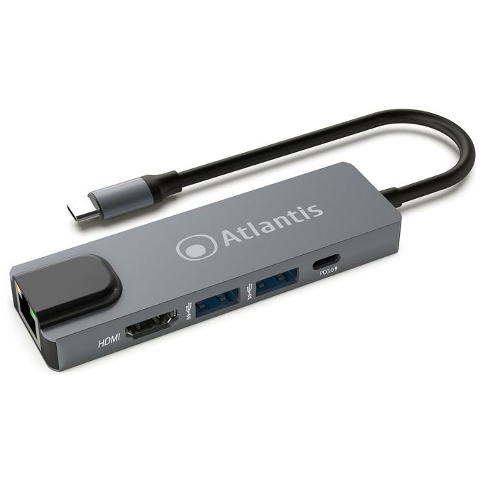Atlantis Mini Docking Type-C 1 Porta Hdmi 1.4 1 Porta Gigabit 2 Porte Usb 3.0 1 Porta Type-C PD Risoluzione 1920x1080 @60hz Cavo 18cm
