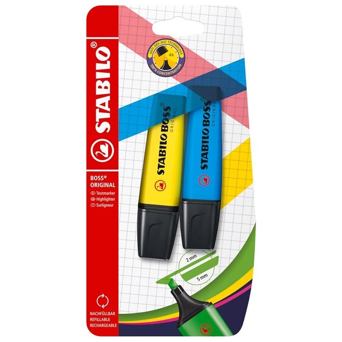 Stabilo Confezione 2 Evidenziatori Boss Original Giallo-Azzurro con Punta a Scalpello