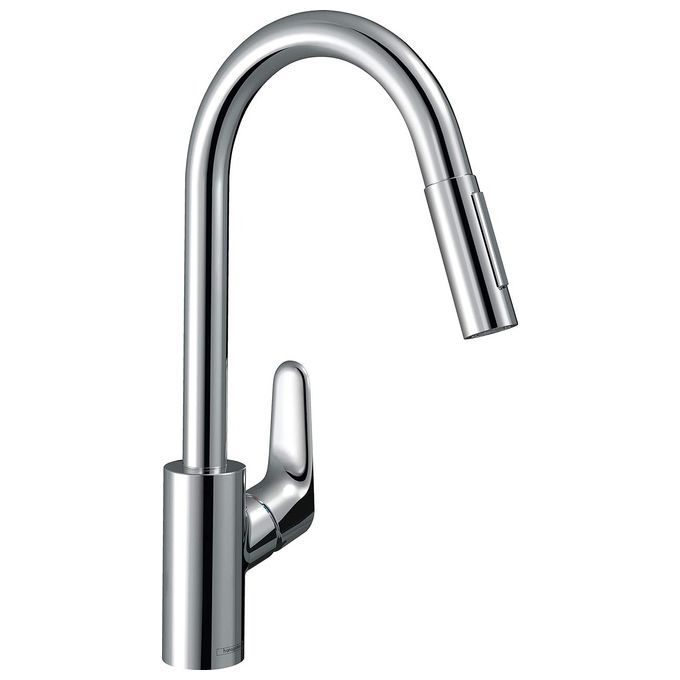 Hansgrohe Focus M41 - Rubinetto da cucina con doccetta estraibile (2 getti) Miscelatore cucina con altezza bocca 240 mm Rubinetto monocomando con bocca girevole cromo Cromo ComfortZone 240 mm