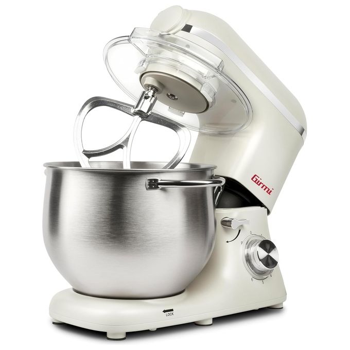 Girmi IM50 - Robot da cucina multifunzione, capacita' ciotola 8 L, potenza 2200 W max, 6 velocita' + Pulse, accessori inclusi (gancio impastatore, frusta, spatola), funzioni impasto-mescolatura, Bianco-Panna