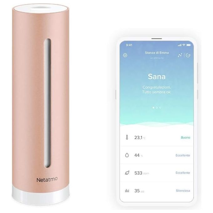 Netatmo Misuratore qualita' dell'aria, sensori di temperatura, umidita', rumore e CO2, NHC-IT, Rosa-Oro