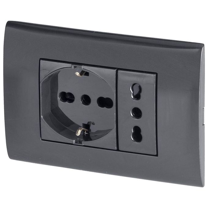 Poly Pool Kit Incasso con Frutti Presa Corrente Elettrica Schuko Pluristandard Spina 10A-16A Italiana-Tedesca e Frutto Presa Bivalente 10A-16A Nero