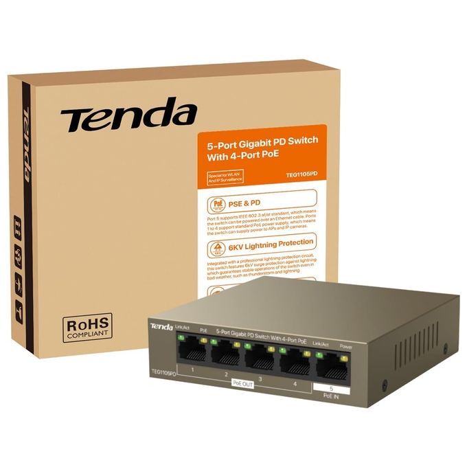 Tenda Poe Switch Desktop-Parete TEG1105PD 5 Porte Gigabit 10-100-1000 Mbit PoE Power Supply-Receive integration