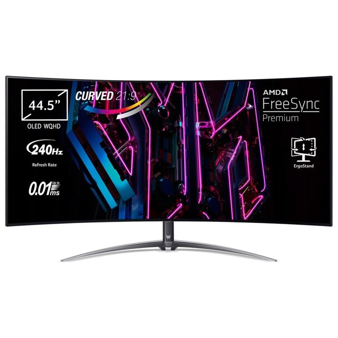 ACER Predator X45bmiiphuzx Monitor Gaming PC curvo 1800R 44.5'' Display OLED QHD FreeSync Premium 240 Hz 0.01 ms 21:9 HDMI 2.0 DP 1.4 USB 3.2 Type-C Speaker Integrati Regolazione di Altezza