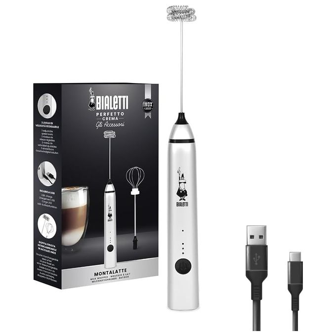 Bialetti Whipper Regolabile su 3 Livelli Doppia Frusta Ricarica USB Acciaio Inossidabile
