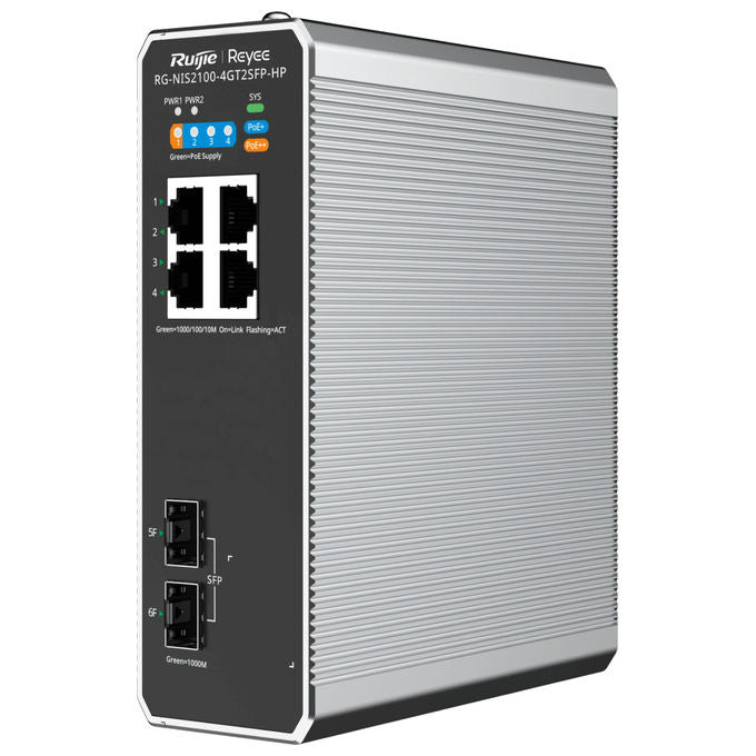Ruijie RG-NIS2100-4GT2SFP-HP Switch PoE industriale gestito 4 porte RJ45 Gigabit 2 SFP 1 PoE++ 3 PoE+ IP40 -40°C +75°C colore Nero