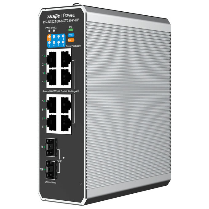 Ruijie RG-NIS2100-8GT2SFP-HP Switch Industriale Gestito L2 8 Porte Gigabit RJ45 2 SFP PoE+ PoE++ IP40 Montabile DIN colore Nero Acciaio inox