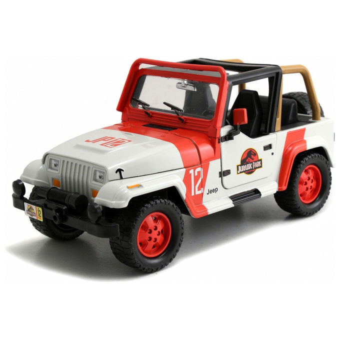 Jada 253253005 Jeep Wrangler Jurassic Park Scala 1:24 in Metallo Pressofuso con Porte Cofano e Bagagliaio Apribili e Dinosauro Incluso colore Nero