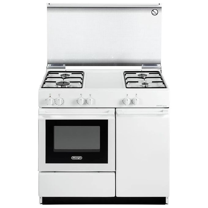 De longhi SEW8540NEDM Cucina a Gas 4 Fuochi Forno Elettrico con Grill Bianco 86x50 cm con Coperchio e Vano Portabombola