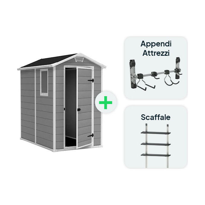 Keter Kit Casetta Manor 4x6 Grigia 130x192x198H con Appendi Attrezzi e Scaffale