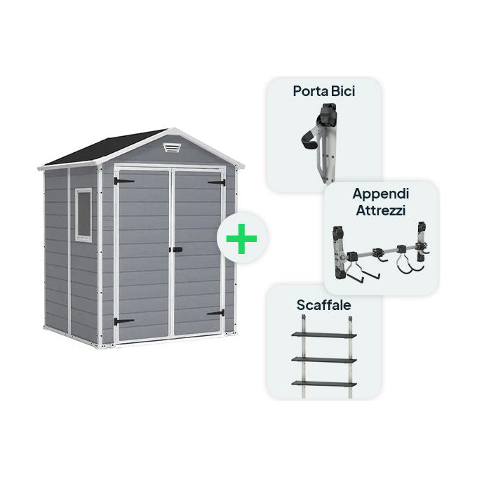 Keter Kit Casetta Manor 6x5 Grigia misure 185x152x226H con Appendi Attrezzi Porta Bici e Scaffale