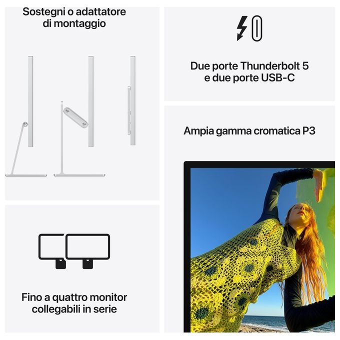 Apple MFEY4T-A Studio Display Monitor 27'' 5K Retina 12MP Center Stage Thunderbolt 5 colore Argento