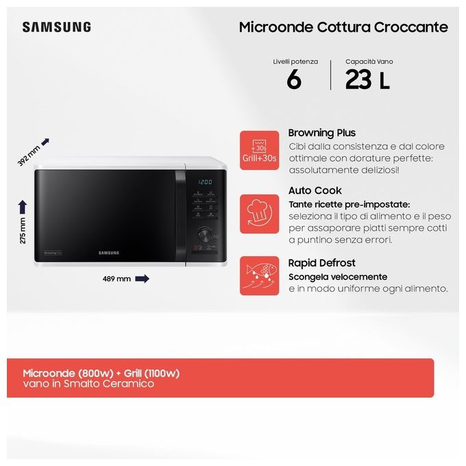 Samsung MG23K3515AW Advanced Forno a Microonde con Grill Capacita' 23 Litri Potenza 800 W Auto Cook Display LED Bianco