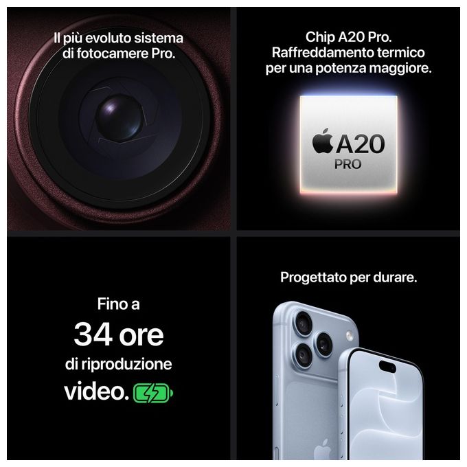 Apple MJRT4QL-A iPhone 18 Pro 256 GB Display ProMotion 6,3'' Fotocamera 48MP Chip A20 Pro colore Glacier