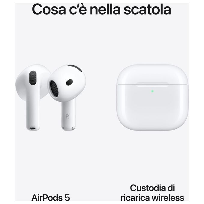 Apple MKFT4TY-A AirPods 5 Auricolare True Wireless Cancellazione Attiva del Rumore Audio Spaziale Personalizzato Controllo Volume Touch Ricarica Wireless IP57 colore Bianco