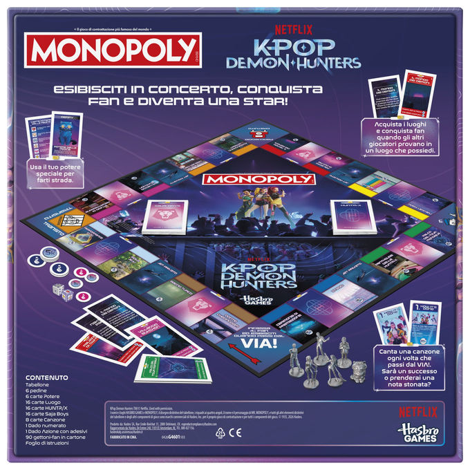 Monopoly G4601103 KPop Demon Hunters Gioco da Tavolo Edizione Speciale con Concerti e Pedine a Tema Rumi Mira Zoey Jinu Bobby Derpy la Tigre colore Multicolore