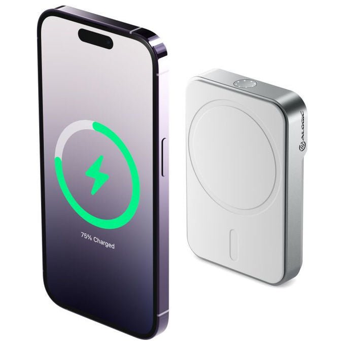 Alogic MSPB5KWH Power Bank Portatile 5000 mAh con Ricarica Wireless Magnetica Compatibile con MagSafe e Qi Bianco colore Bianco