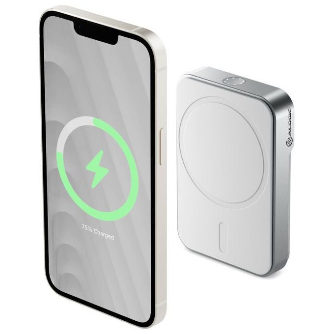 Alogic MSPB5KWH Power Bank Portatile 5000 mAh con Ricarica Wireless Magnetica Compatibile con MagSafe e Qi Bianco colore Bianco