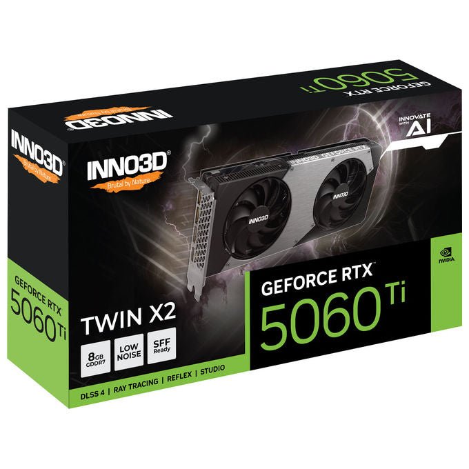 INNO3D N506T2-08D7-193075N GeForce RTX 5060 Ti TWIN X2 Scheda Grafica NVIDIA 8 GB GDDR7 128 bit 2572 MHz Boost PCI Express 5.0 HDMI 2.1b 3x DisplayPort 2.1b colore Nero Grigio