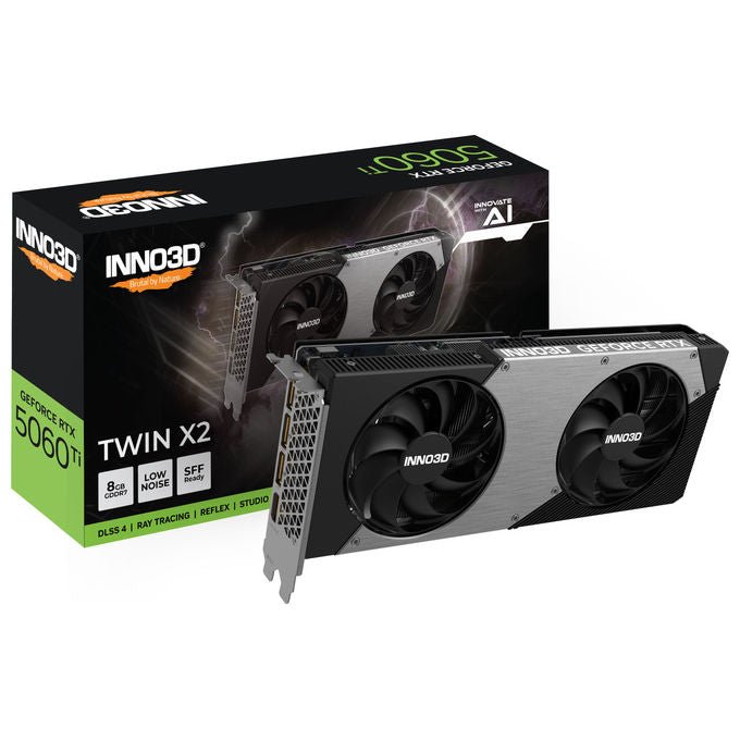 INNO3D N506T2-08D7-193075N GeForce RTX 5060 Ti TWIN X2 Scheda Grafica NVIDIA 8 GB GDDR7 128 bit 2572 MHz Boost PCI Express 5.0 HDMI 2.1b 3x DisplayPort 2.1b colore Nero Grigio