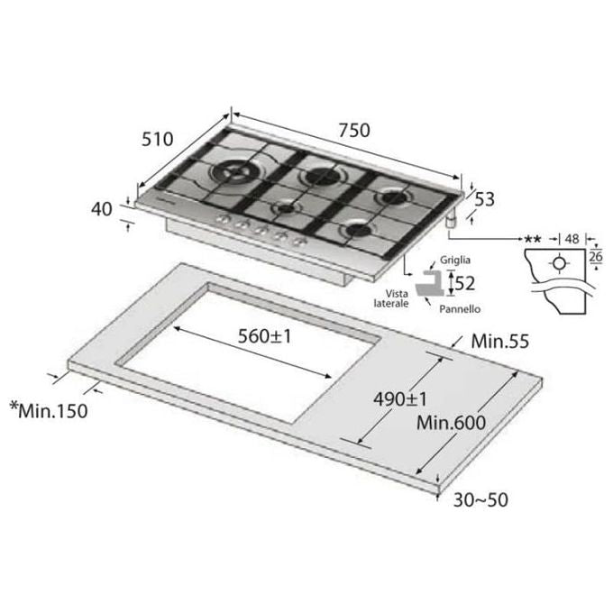 Samsung NA75M3130AS Piano Cottura a Gas 5 Zone 1 Tripla Corona Griglie in Piattina Smaltata 75 cm Acciaio Inox