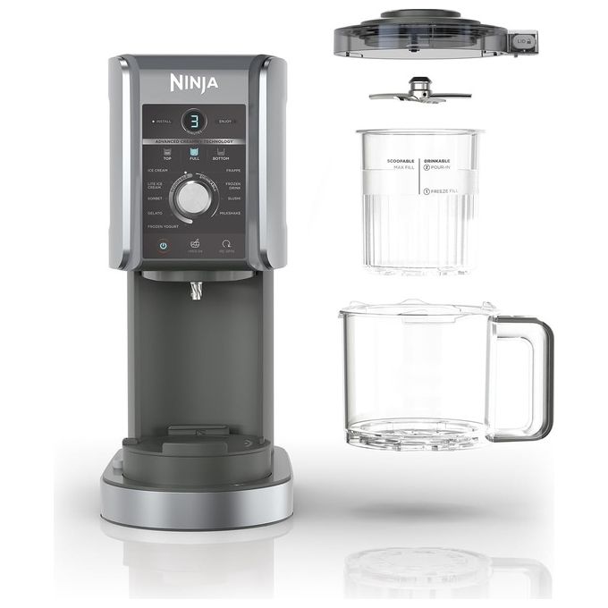 Ninja CREAMi Deluxe NC501EU - Gelatiera turbina elettrica con compressore, capacita' 2,1 L, potenza 800 W, 3 vaschette da 709 ml, 10 programmi (gelato, sorbetto, frappé…), funzione CREAMify, timer digitale, pezzi lavabili in lavastoviglie, Nero-Grigio