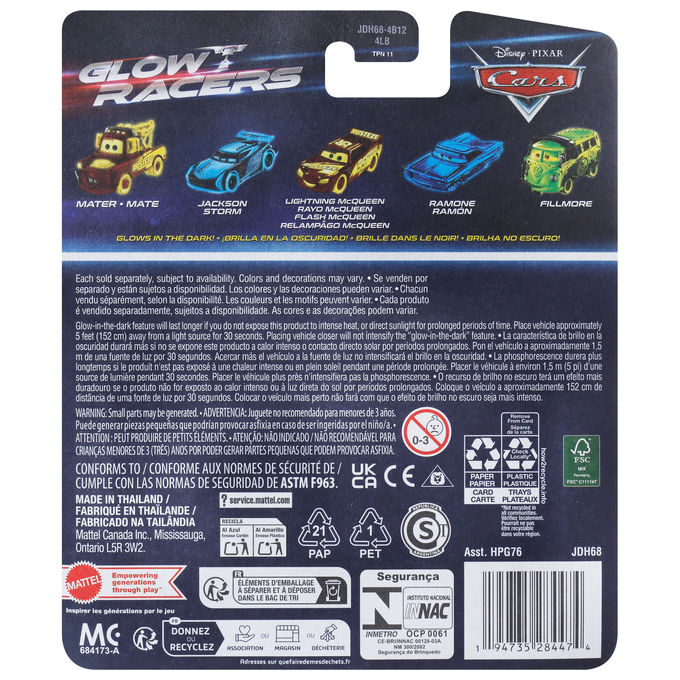 Disney Cars GLOW RACERS Veicolo in metallo pressofuso 1:55 con fiamme che si illumina al buio colore Assortito