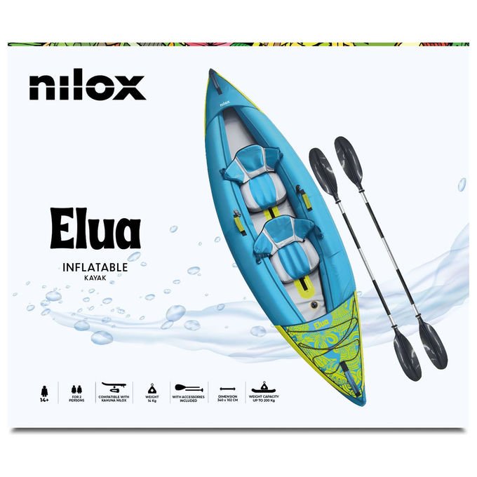 Nilox NXWTRKAYAK Kayak Gonfiabile 2 Posti PVC Rinforzato 3400 mm colore Blu e Lime