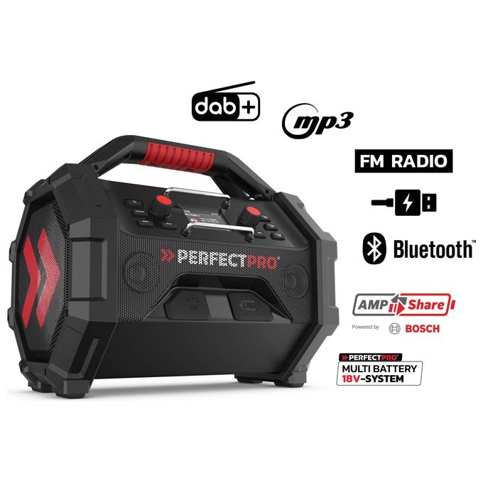 Perfectpro OCT-18V ROCKTAGON Radio da Cantiere Digitale DAB+ FM 30 W Bluetooth 5.2 USB IP65 colore Nero Rosso
