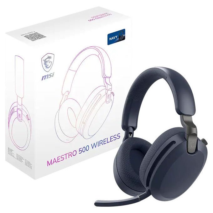 MSI OS3-8ZC9001-000 MAESTRO 500 Cuffie Wireless con Cancellazione Attiva del Rumore Bluetooth 5.4 2.4GHz Bassa Latenza 3.5mm 90+ Ore Batteria Microfono Flip-to-Mute colore Blu marino