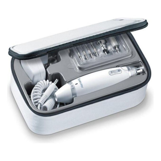 Beurer MP 62 - Kit manicure e pedicure combinato, 10 velocita', 10 accessori professionali, alimentazione a rete, luce LED integrata, custodia inclusa, Bianco