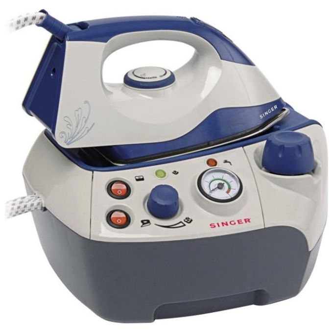 Singer SHG6201 – Ferro da stiro a vapore con caldaia, 2200 W (850 W ferro + 1350 W caldaia), pressione 3 bar, piastra acciaio inox, serbatoio 1,2 L, vapore verticale, indicatore livello acqua, colore grigio-blu-nero