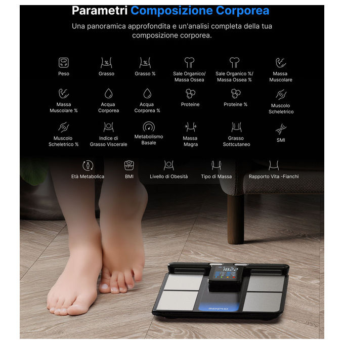 Renpho MSC01 Bilancia intelligente Analisi corporea con 50+ metriche Display LCD verticale Connettivita' Bluetooth App iOS e Android colore Nero
