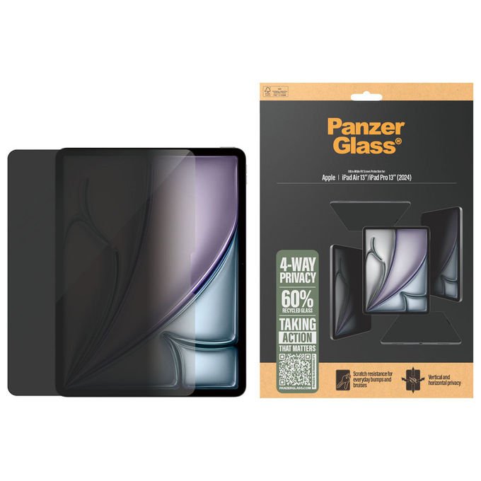 PanzerGlass PZGPG49102 4-Way Privacy Screen Protector per iPad Air 13 e iPad Pro 13 Vetro Temperato Anti Graffio e Resistente agli Urti con Filtro Privacy 4-Way e Applicazione Senza Bolle colore Trasparente