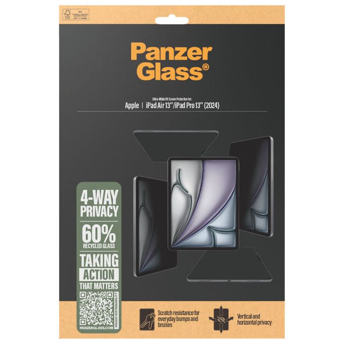 PanzerGlass PZGPG49102 4-Way Privacy Screen Protector per iPad Air 13 e iPad Pro 13 Vetro Temperato Anti Graffio e Resistente agli Urti con Filtro Privacy 4-Way e Applicazione Senza Bolle colore Trasparente