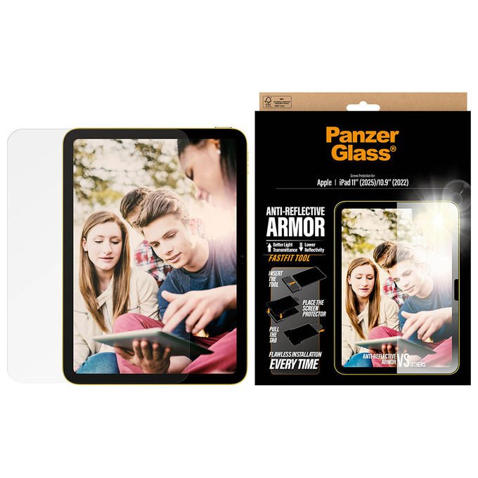 PanzerGlass 5715685031427 Anti-Reflective Armor Screen Protector iPad 11'' (2025) 10.9'' (2022) Vetro Riciclato al 60% Trasmissione Luce 94% Riflettivita' 0.3% con FastFit Tool colore Trasparente