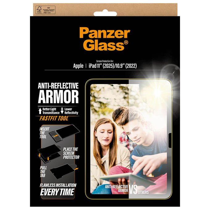 PanzerGlass 5715685031427 Anti-Reflective Armor Screen Protector iPad 11'' (2025) 10.9'' (2022) Vetro Riciclato al 60% Trasmissione Luce 94% Riflettivita' 0.3% con FastFit Tool colore Trasparente