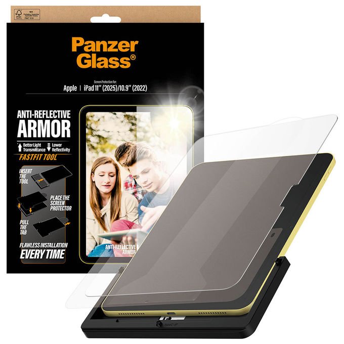 PanzerGlass 5715685031427 Anti-Reflective Armor Screen Protector iPad 11'' (2025) 10.9'' (2022) Vetro Riciclato al 60% Trasmissione Luce 94% Riflettivita' 0.3% con FastFit Tool colore Trasparente