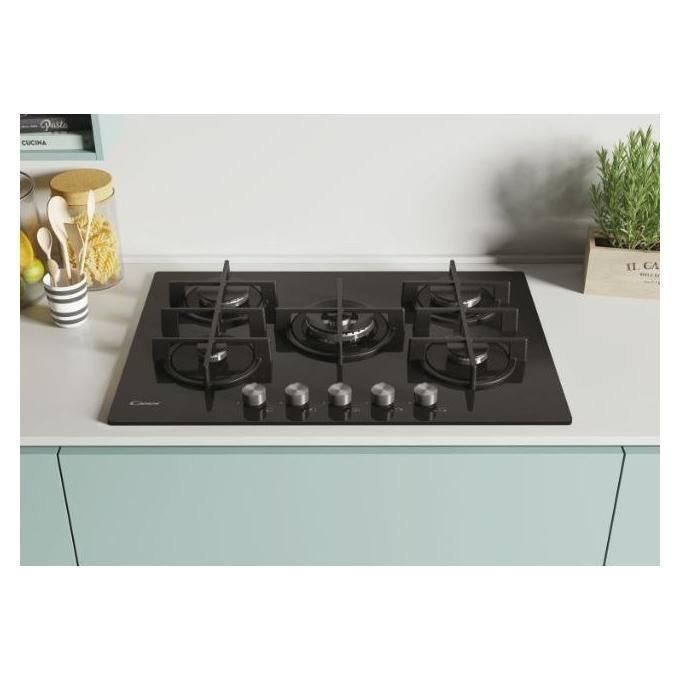 Candy CVG74WPB New Timeless GOG Piano Cottura Gas su vetro 5 zone Manopole New Timeless Bruciatore speciale al centro DC Griglie in ghisa 4 livelli di potenza 75 cm Nero