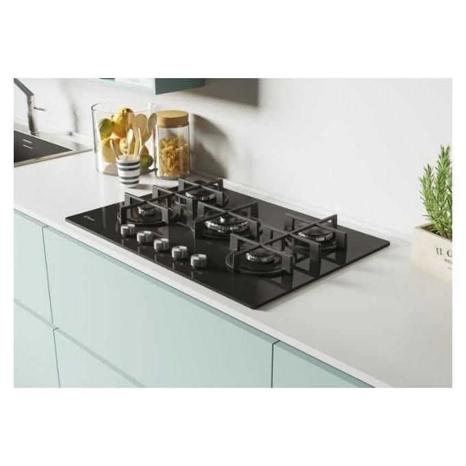 Candy CVG74WPB New Timeless GOG Piano Cottura Gas su vetro 5 zone Manopole New Timeless Bruciatore speciale al centro DC Griglie in ghisa 4 livelli di potenza 75 cm Nero