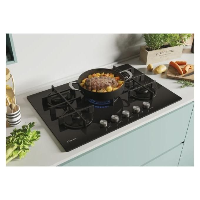Candy CVG74WPB New Timeless GOG Piano Cottura Gas su vetro 5 zone Manopole New Timeless Bruciatore speciale al centro DC Griglie in ghisa 4 livelli di potenza 75 cm Nero