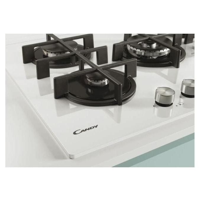 Candy CVG74WPW New Timeless GOG Piano Cottura a Gas su vetro 5 zone Manopole New Timeless Bruciatore speciale al centro DC Griglie in ghisa 75 cm 5 livelli di potenza Bianco