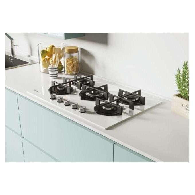 Candy CVG74WPW New Timeless GOG Piano Cottura a Gas su vetro 5 zone Manopole New Timeless Bruciatore speciale al centro DC Griglie in ghisa 75 cm 5 livelli di potenza Bianco