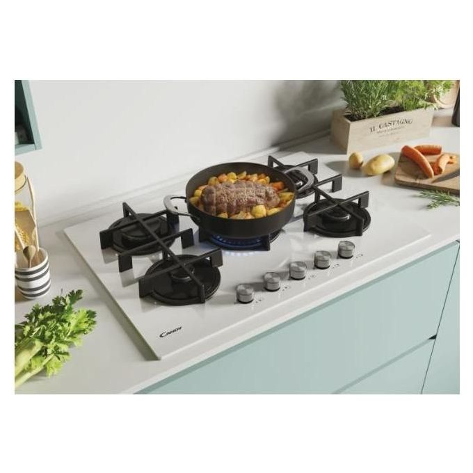 Candy CVG74WPW New Timeless GOG Piano Cottura a Gas su vetro 5 zone Manopole New Timeless Bruciatore speciale al centro DC Griglie in ghisa 75 cm 5 livelli di potenza Bianco