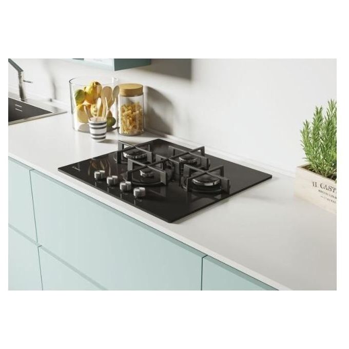 Candy CVG6DPB New Timeless GOG Piano Cottura a Gas su vetro 4 zone Rombo-Diamond Manopole New Timeless Griglie in ghisa 60 cm 4 livelli di potenza Nero